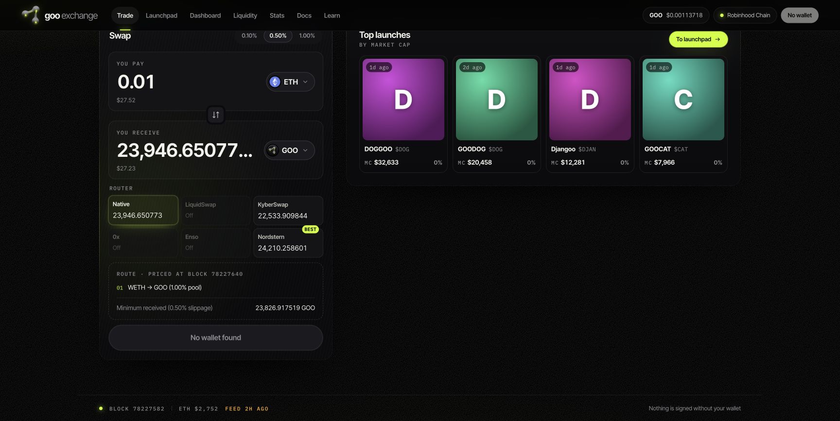 Goo trade form displaying a native ETH-to-GOO quote and route choices, without a connected wallet